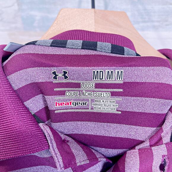 Under Armour Striped Performance Tech Polo Shirt Purple Loose Mens Medium - Picture 5 of 5